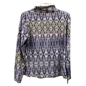 Iconic Long Sleeve Ikat Inspired Geometric Print Mock Neck Tee Medium Blue Green